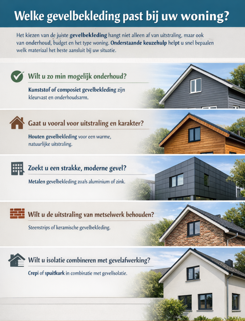 Keuzehulp opgesteld op basis van praktijkervaring met gevelrenovaties en veelvoorkomende woningtypes.