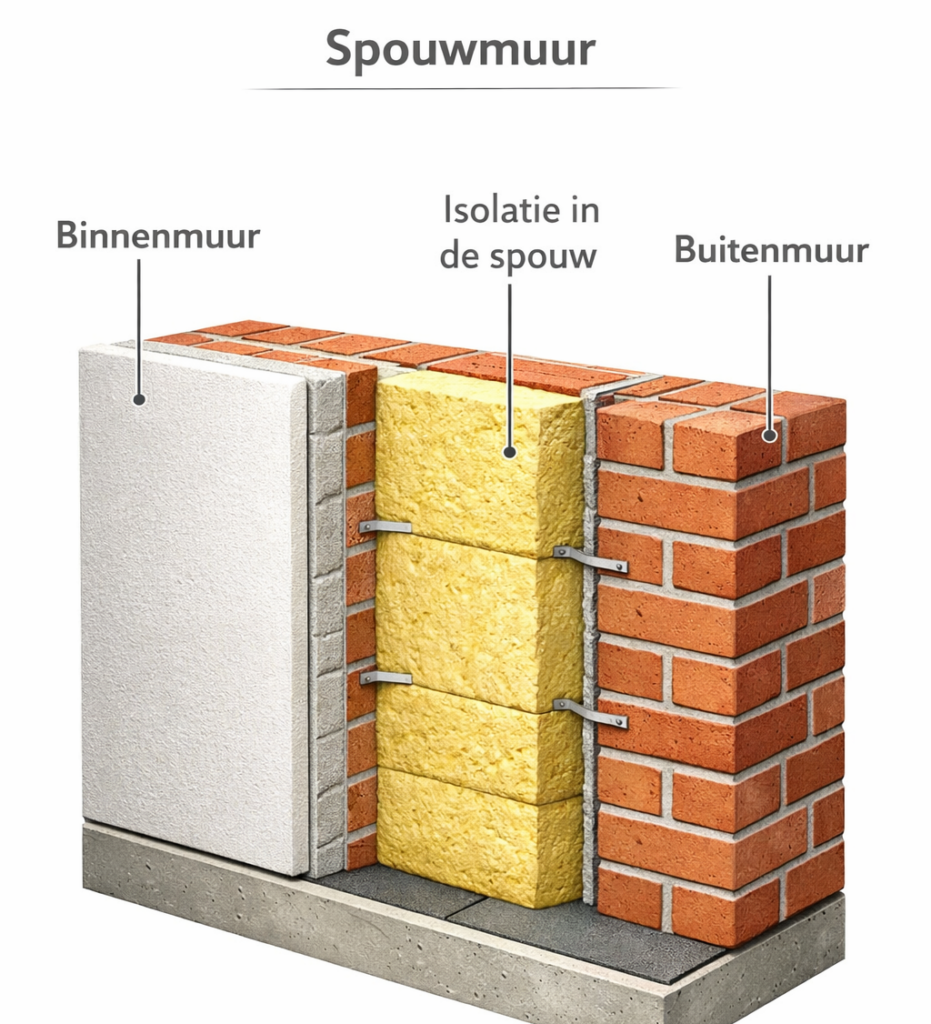 doorsnede van een spouwmuur met isolatiemateriaal